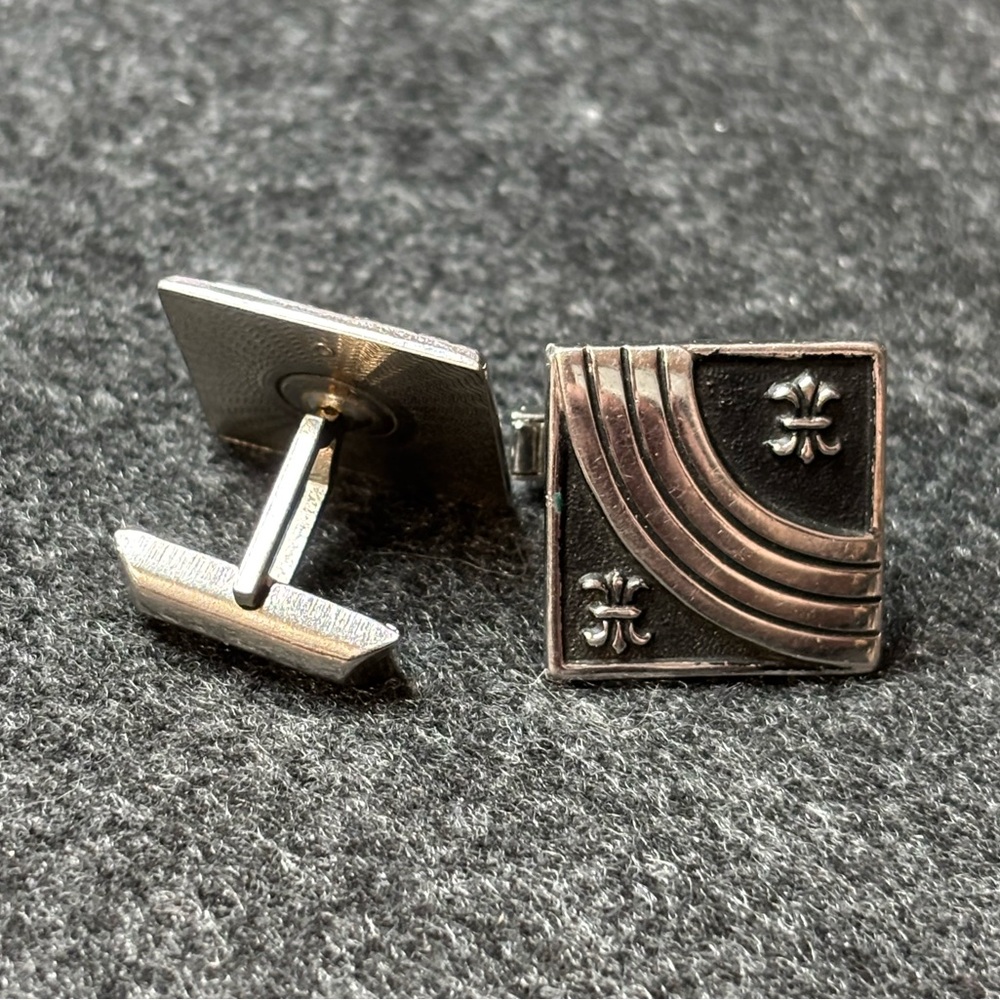 Silver and Black Square Cufflinks with Fleur-de-Lis and Curved Design